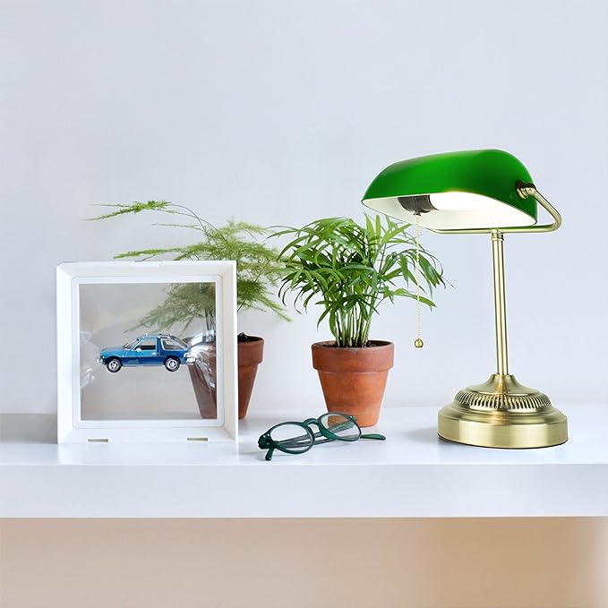Newhouse Lighting NHDK-MO-GOAZ Morgan Antique Green and Brass Glass and Metal Adjustable Classic Banker Lamp | Compatible with Energy-Efficient LED Bulb