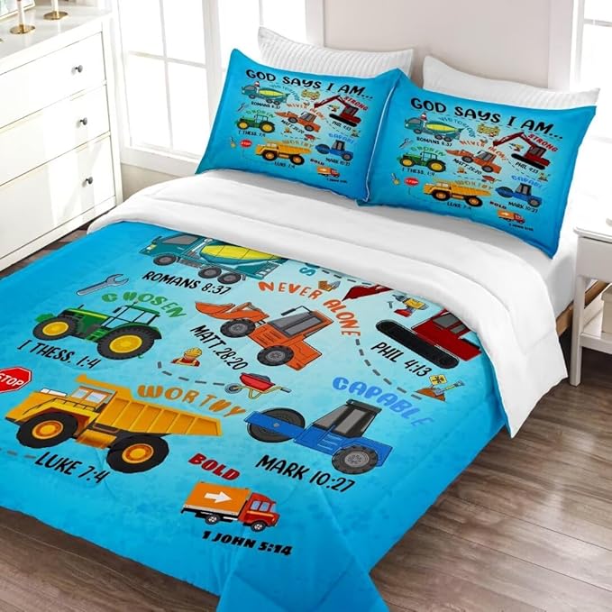 Boys Construction Vehicles Truck Comforter Set Full,Christian Kids God Says I Am Construction Bedding Set,Car Excavator Tractor Bedroom Set（1 Comforter 2 Pillowcase） Blue