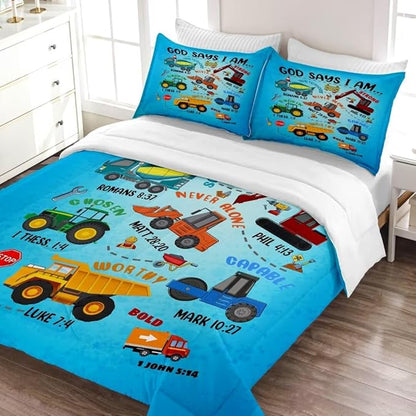 Boys Construction Vehicles Truck Comforter Set Full,Christian Kids God Says I Am Construction Bedding Set,Car Excavator Tractor Bedroom Set（1 Comforter 2 Pillowcase） Blue