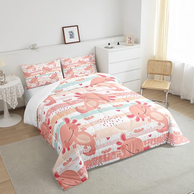 Cute Axolotl Comforter Set Full Size Rainbow Stripes Quilt Set Animal Theme Bedding Comforters 3pcs for Kids Teens Room Decor,Pink Romantic Soft Duvet Set with 2 Pillowcases