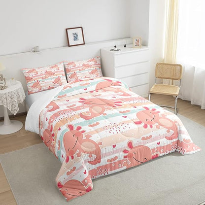Cute Axolotl Comforter Set Queen Size Rainbow Stripes Quilt Set Animal Theme Bedding Comforters 3pcs for Kids Teens Room Decor,Pink Romantic Soft Duvet Set with 2 Pillowcases