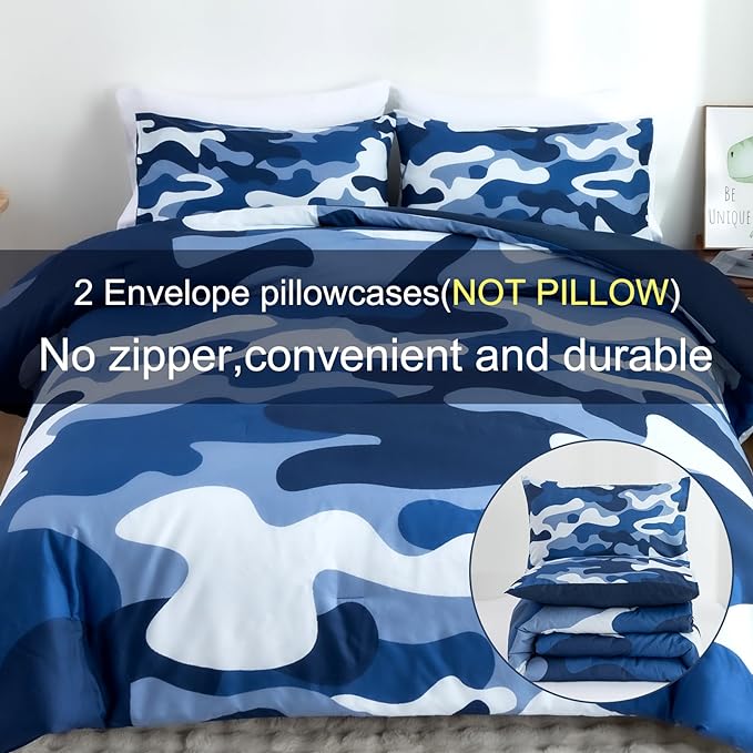 Meeting Story Camouflage Bedding Set, Colorful Pattern Style Comforter Set, 3 PCS One Comforter Two Pillowcases Two Sheets in One Bag, All Season Bedspread for Teens Adults (Navy, Queen