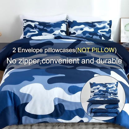 Meeting Story Camouflage Bedding Set, Colorful Pattern Style Comforter Set, 3 PCS One Comforter Two Pillowcases Two Sheets in One Bag, All Season Bedspread for Teens Adults (Navy,King