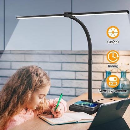 ShineTech LED Desk Lamp for Home Office, 24W Double Head Desk Light with Wireless Charging, USB Port, 25 Lighting Modes Adjustable Gooseneck Lamps