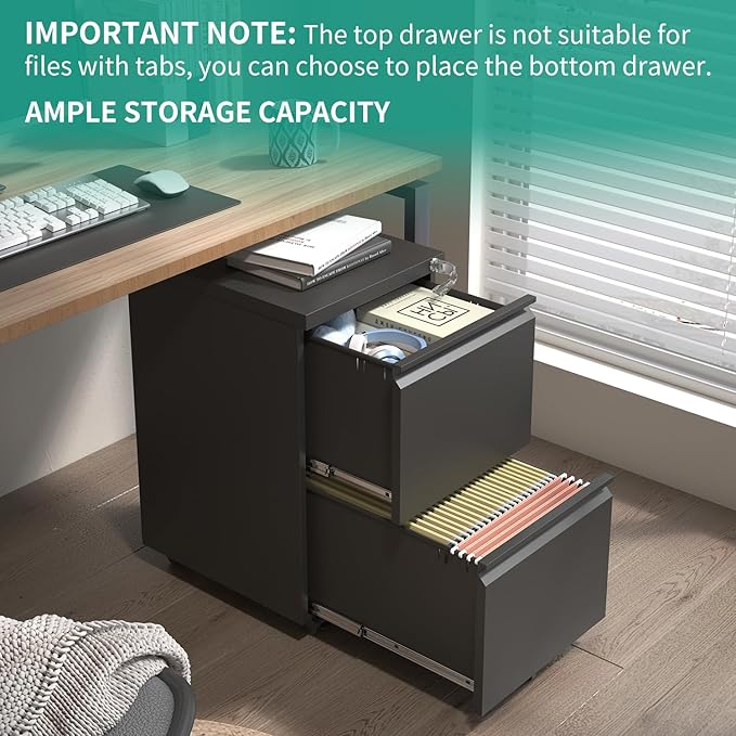 2 Drawer Mobile File Cabinet with Lock,Under Desk Metal Filing Cabinet for Home Office,Steel Small Rolling File Cabinet with 2 Keys for Legal/Letter/A4 Size Fully Assembled Except Wheels (Black)