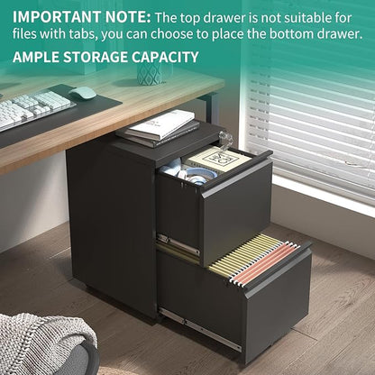 2 Drawer Mobile File Cabinet with Lock,Under Desk Metal Filing Cabinet for Home Office,Steel Small Rolling File Cabinet with 2 Keys for Legal/Letter/A4 Size Fully Assembled Except Wheels (Black)