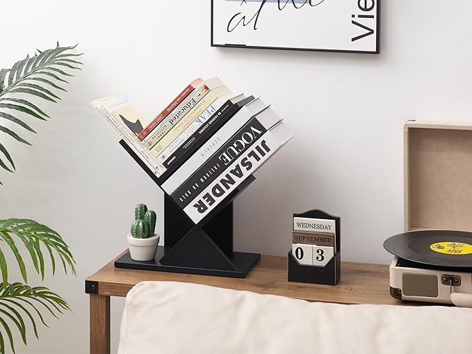 Labcosi 2 Tier Tree Bookshelf, Small Bookshelf for Storing Books/CDs, Wood Book Organizer Shelves for Home Office, Bedroom, Living Room, Black