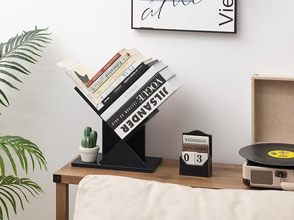 Labcosi 2 Tier Tree Bookshelf, Small Bookshelf for Storing Books/CDs, Wood Book Organizer Shelves for Home Office, Bedroom, Living Room, Black