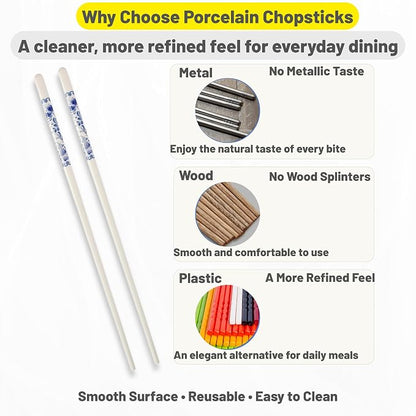 Porcelain Chopsticks Set of 5 Pairs, Reusable Bone Ceramic Chopsticks, Dishwasher Safe, Non-Slip Design, Elegant Gift Box for Family or Restaurant Use (Camellia)