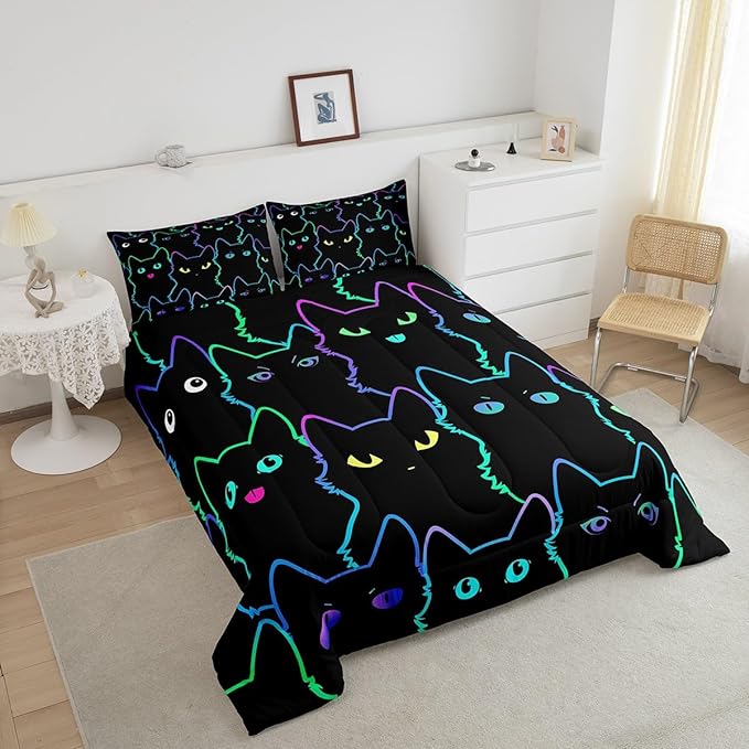 Erosebridal Cute Cat Kids Comforter Neon Rainbow Line Cat King Bedding Set for Boys Girls Teen Cartoon Kawaii Cats Toddler Bed Set Colorful Animals Quilt Set Reversible Black,2 Pillow Cases