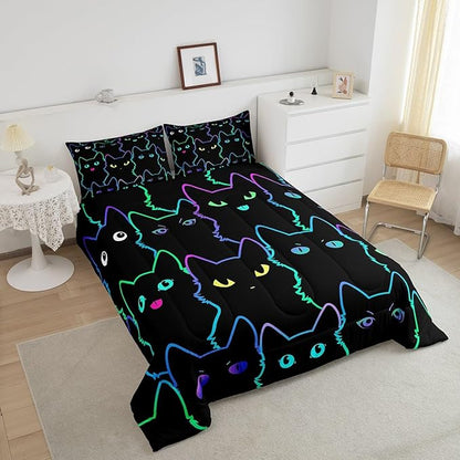 Erosebridal Kids Queen Comforter Set Cartoon Cat Comforter Cute Cats Bedding Set for Teen Boys Girls Kawaii Animal Quilt Set 2 Pillow Cases,Soft Lightweight for All Season,Reversible Black