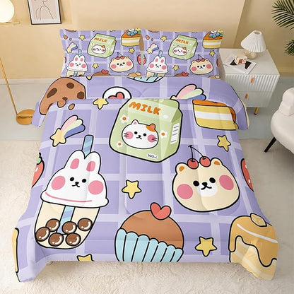 Kawaii Bear Comforter Set for Kids Teens Girls Women,Purple Bear Kids Comforter,1 Comforter with 2 Pillowcase, Microfiber 3 Piece Bedding Set,for All Seasons(Purple，Twin Size)