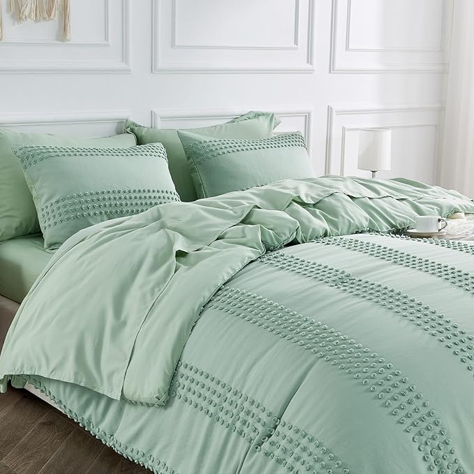 ENJOHOS Sage Green Comforter Twin XL - Boho Twin Bedding for Teen Girls, 3 PCS Tufted Comforter with Pom Pom Design for All Season, Lightweight Soft Microfiber Comforter with 2 Pillow Cases