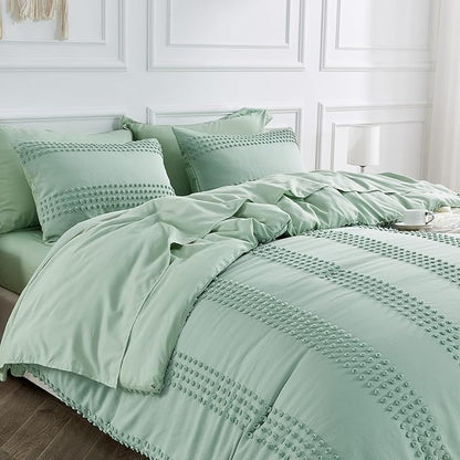 ENJOHOS Sage Green Comforter Twin XL - Boho Twin Bedding for Teen Girls, 3 PCS Tufted Comforter with Pom Pom Design for All Season, Lightweight Soft Microfiber Comforter with 2 Pillow Cases