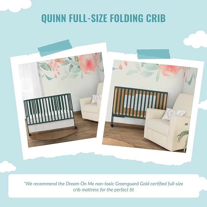 Quinn Full-Size Folding Crib in Olive, Removeable Wheels, Modern Nursey, Adjustable Mattress Support, Portable Crib, Patented Folding System