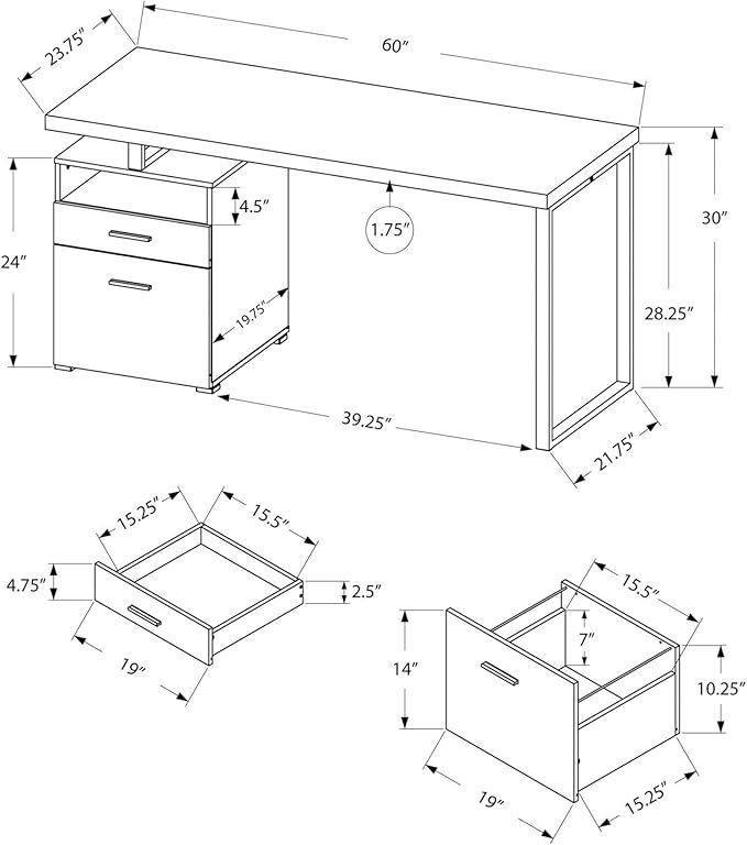 Monarch Specialties Computer Writing Desk for Home & Office Laptop Table with Drawers Open Shelf and File Cabinet-Left or Right Set Up, 60" L, Dark Taupe