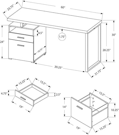 Monarch Specialties Computer Writing Desk for Home & Office Laptop Table with Drawers Open Shelf and File Cabinet-Left or Right Set Up, 60" L, Dark Taupe