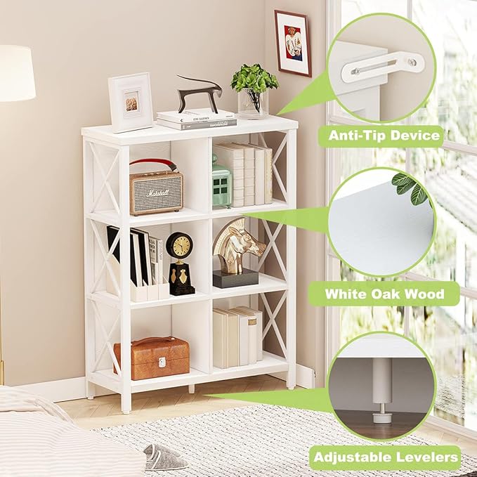 FATORRI 6 Cube Storage Organizer Shelf, Wood and Metal Cubby Bookcase, Modern Cube Bookshelf (White Oak)