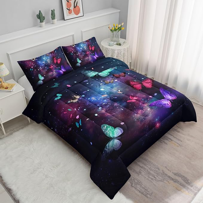 Datura home Butterfly Comforter Set for Girls Women,Colorful Butterflies in Space Galaxy Printed Black Bedding Set with 2 Pillowcases(Butterfly Galaxy Queen)