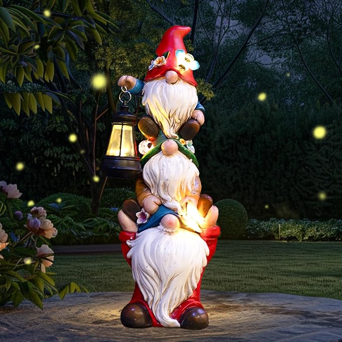 17 in Large Garden Gnome Statue with Solar Lights Sculptures Funny Triple Big Gnome Outdoor Patio Lawn Yard Balcony Garden Home Decor Gifts for Women Mom