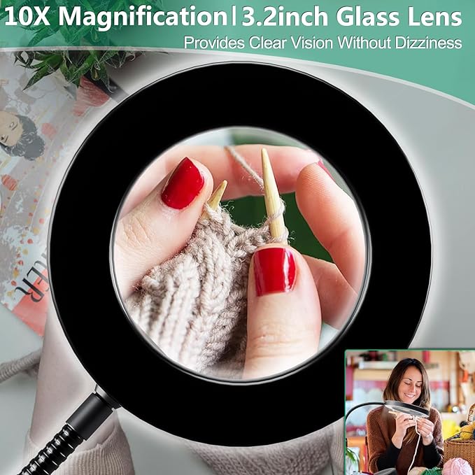 HITTI 10X Magnifying Glass with Light and Clamp, 3 Color Modes Stepless Dimmable Lighted Magnifying Lamp, Flexible Gooseneck LED Magnifier with Stand for Craft Hobby Reading Repair Close Work