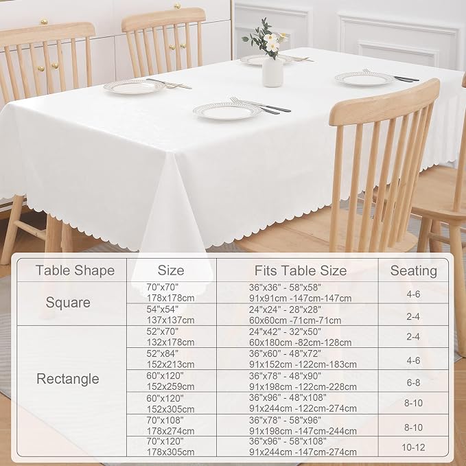 Smiry Square Waterproof Heavy Duty Vinyl Tablecloths, 70 x 70 Inch | Wipeable Washable Floral Embossed Table Cover for Kitchen and Dining Room, Indoor & Outdoor Use, White