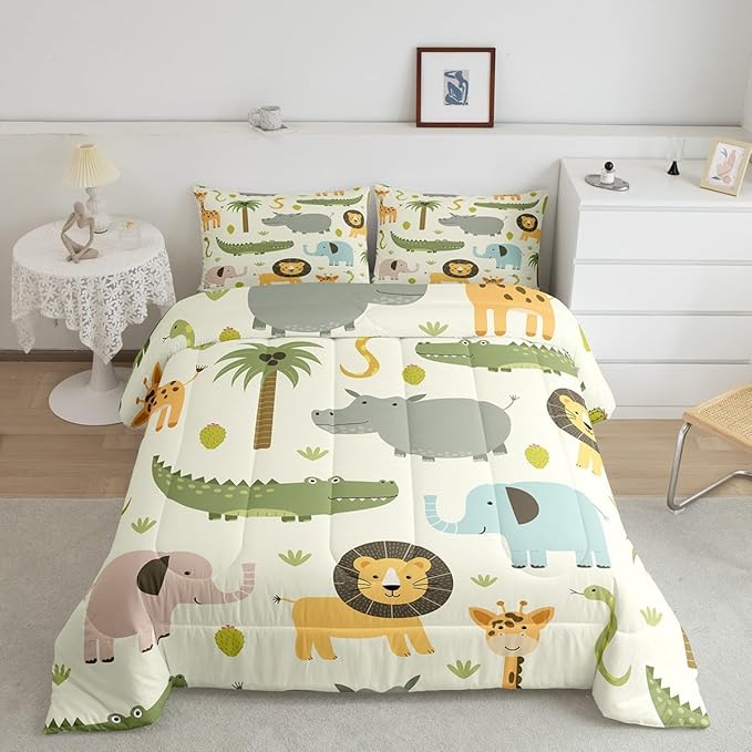 Feelyou Nursery Cute Wild Animals Bedding Set for Girls Boys Child Kids Cartoon Lion Giraffe Crocodile Comforter Decor Nature Wildlife Comforter Set Zoo Animal Theme Duvet Set Twin Size Quilt Set