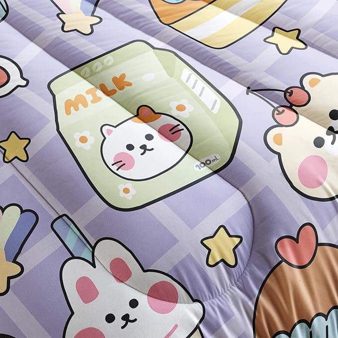 Kawaii Bear Comforter Set for Kids Teens Girls Women,Purple Bear Kids Comforter,1 Comforter with 2 Pillowcase, Microfiber 3 Piece Bedding Set,for All Seasons(Purple，Twin Size)