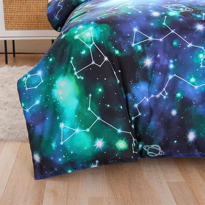 Holawakaka Tie Dye Constellation Print Ombre Comforter Set Queen Size Girls Boys Gradient Galaxy Bedding Set (Black Green,Queen)