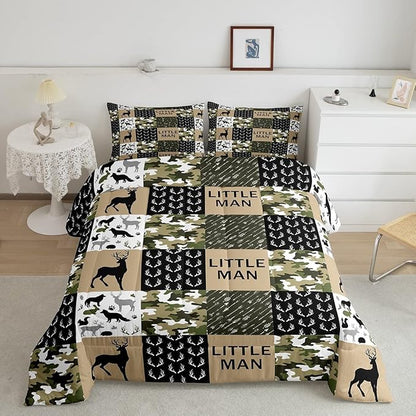 Manfei Deer Antlers Animals Silhouette Comforter Set Twin,Camo Geometric Checks Bedding Set 2pcs for Kids Adults Room Decor,Nordic Boho Arrow Quilt Set,Vintage Green Duvet Insert with 1 Pillowcase