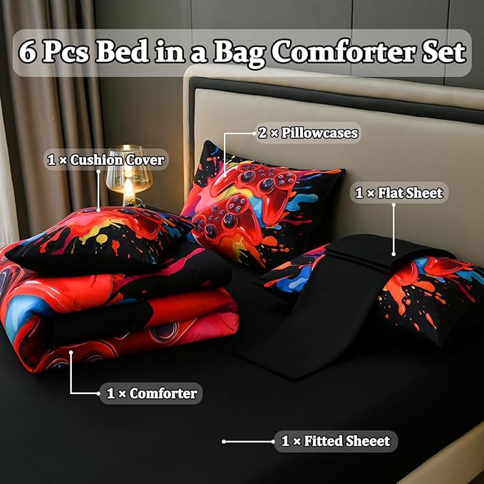 Full Size Gamer Comforter Set for Boys, Game Controller 6 Pcs Bed in a Bag Full Gaming Bediing Set for Boys Kids