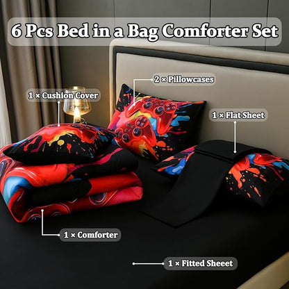 Gamer Comforter Set for Boys Kids, 6 Pcs Bed in a Bag Game Controller Boys Bediing Set Twin Size for All Season