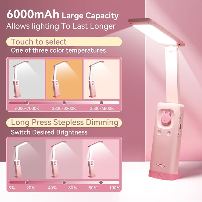VAVOFO Desk Lamp Foldable Portable Cute Desk Lamp, Battery Powered Desk Lamp, Built-in 6000mAh Rechargeable, 3 Color Warm Pink Desk Lamp, USB C Rechargeable Desk Lamp, Cordless Desk Lamp, Battery Lamp
