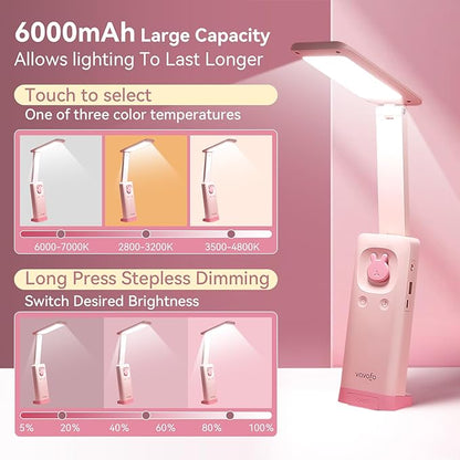 VAVOFO Desk Lamp Foldable Portable Cute Desk Lamp, Battery Powered Desk Lamp, Built-in 6000mAh Rechargeable, 3 Color Warm Pink Desk Lamp, USB C Rechargeable Desk Lamp, Cordless Desk Lamp, Battery Lamp