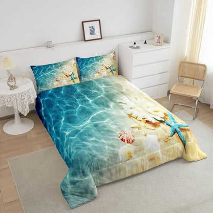 Ocean Comforter Set Full Beach Bedding Set Coastal Nature Theme Pattern Teal Duvet Set Boys Girls Hawaiian Quilt Sets Sea Wave Animals Starfish Reversible Comforter Set 2 Pillowcases, Blue Room Decor