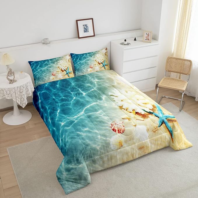 Ocean Comforter Set Twin Beach Bedding Set Coastal Nature Theme Teal Duvet Set Boys Girls Hawaiian Quilt Sets Sea Wave Animals Shell Starfish Reversible Comforter Set 1 Pillowcase, Blue Room Decor