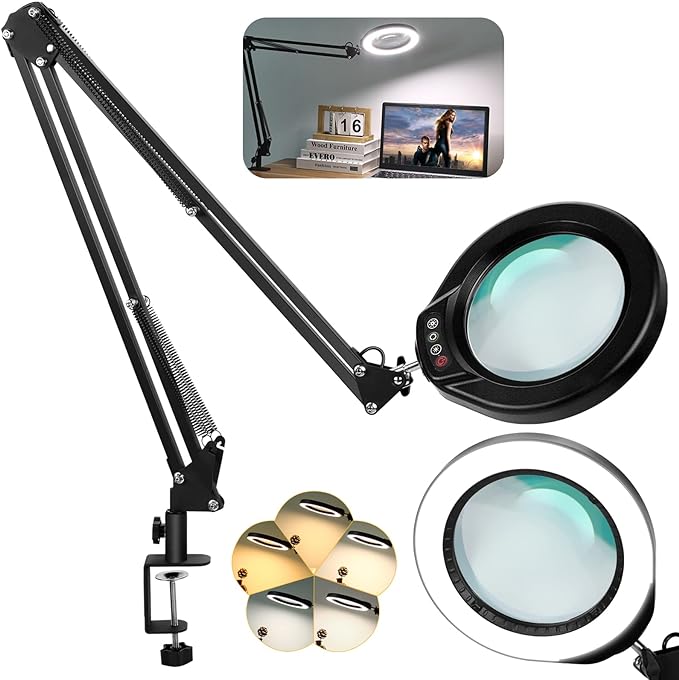 VEEMAGNI 5 Inch Large Magnifying Glass with Light and Stand, 5 Color Modes Stepless Dimmable, 2*16 Inch Swivel Arm LED Clamp Desk Lamp, Hands Free 8X Lighted Magnifier for Close Work Crafts Soldering
