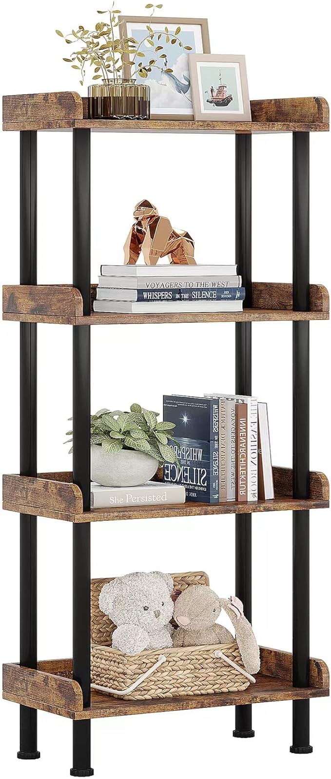Bookcase 4 Tier Bookshelf, Vintage Small Bookshelf for Small Spaces, Wooden Book Shelf Small Bookcase for Living Room Bedroom