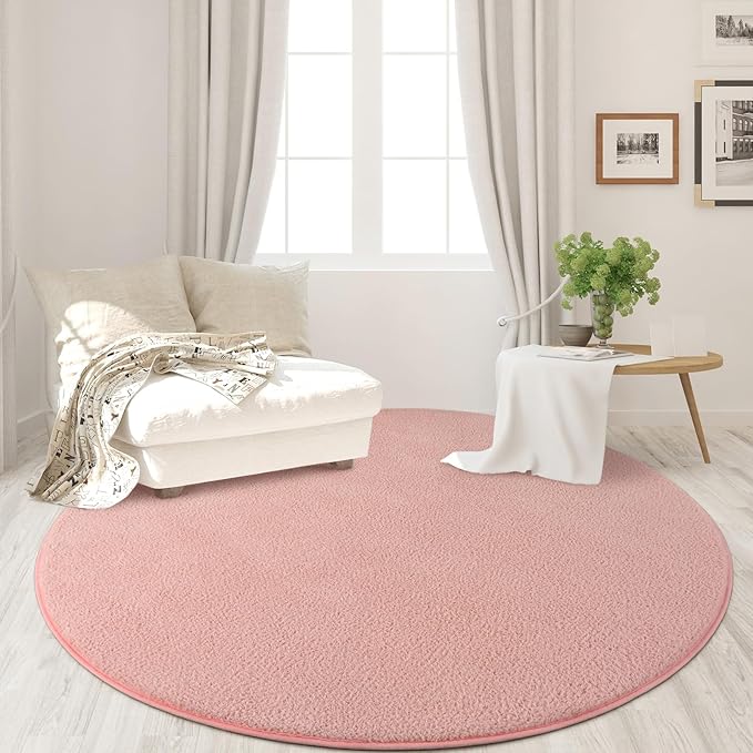 Round Area Rugs for Bedroom Living Room, 4x4 Pink Super Soft Comfy Thickened Memory-Foam Indoor Circle Carpets, Modern Aesthetic Minimalist Carpet for Boys Girls Adults Nursery Home Décor