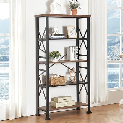 HOMBAZAAR Bookshelf, 5-Tier Industrial Bookshelf, Etagere Bookcases and Bookshelves, Tall Bookshelf Storage Organizer, Freestanding Bookshelf for Living Room, Bedroom and Home Office, Brown