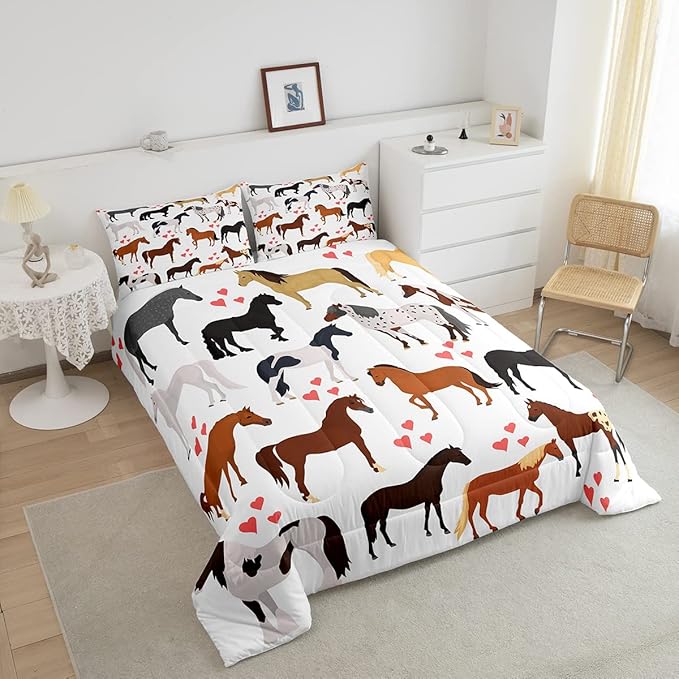 Galloping Horse Comforter Set Full Farm Bedding Set Kids Boys Girls Teens Cute Safari Animal Duvet Set Cartoon Horses with Pink Lover Heart Decor Kawaii Lightweight Cowboy Cowgirls Down Comforter