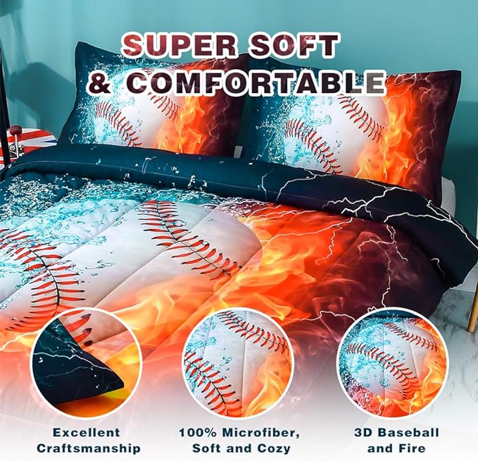Andency Baseball Comforter Full (79x90 Inch), 3 Pieces(1 Baseball Comforter, 2 Pillowcases) 3D Microfiber Sport Baseball Comforter Set for Boy Kids Teens