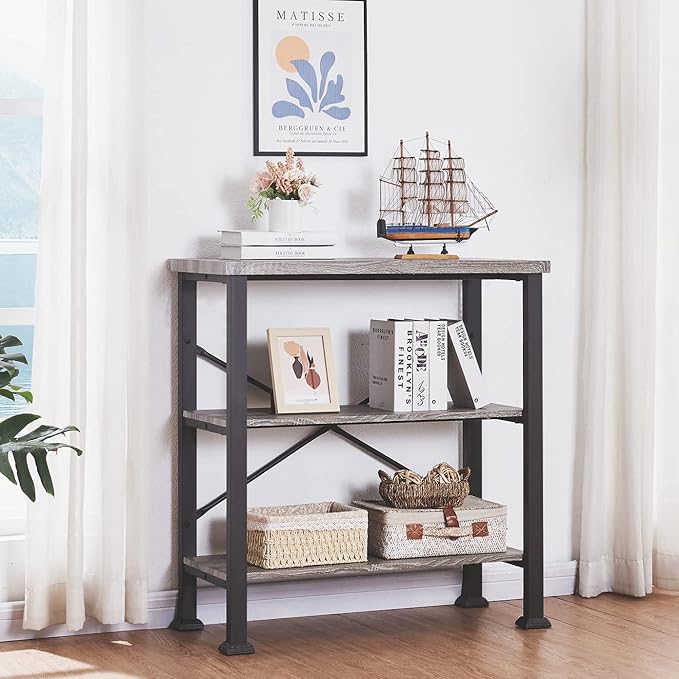 HOMBAZAAR Bookshelf, 3-Tier Vintage Industrial Book Shelf, Rustic Wood and Metal Bookcase and Bookshelves, Free Standing Storage Small Bookshelf for Living Room, Bedroom and Kitchen, Grey Oak