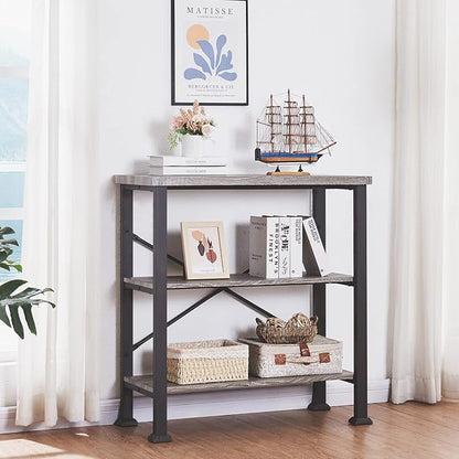 HOMBAZAAR Bookshelf, 3-Tier Vintage Industrial Book Shelf, Rustic Wood and Metal Bookcase and Bookshelves, Free Standing Storage Small Bookshelf for Living Room, Bedroom and Kitchen, Grey Oak