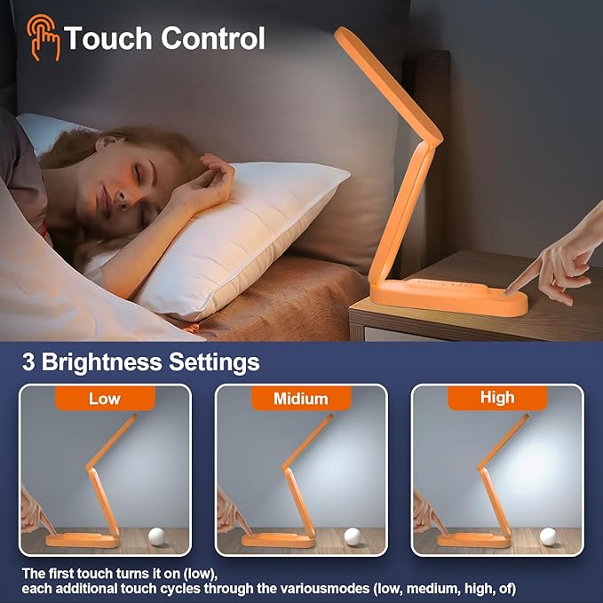 LED Desk Lamp for Office Home & Battery Operated Lamp Rechargeable Lamp Foldable & Portable Light, LED Desk Light Strip, 3 Brightness Dimmable Small Desk Lamp Reading Lamp (Orange)