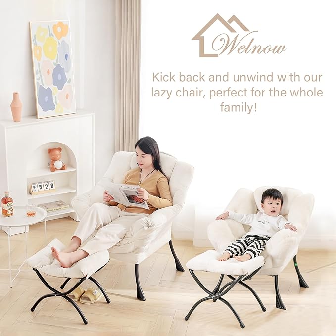Welnow Toddler Kids Lazy Chair with Ottoman, Accent Comfy Lounge Children Armchair Couch with Armrest and Removable Cover, Detachable Reading Chair with Footrest for Boy or Girl, Plush Beige