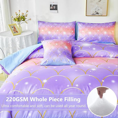 PERFEMET Purple Mermaid Twin Comforter Set for Girls, 6 Pieces Colorful Rainbow Twin Bedding Sets, Tie Dye Ombre Glitter Bed in A Bag Comforter Set with Sheets
