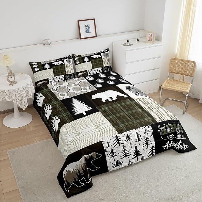 Bear Comforter Set Queen Size,Pine Trees Animals Hunting Bedding Set for Kids Boys Girls Adults Room Decor,Camping Adventure Rustic Farmhouse Down Comforter,Green Plaids Duvet Insert,2 Pillowcases