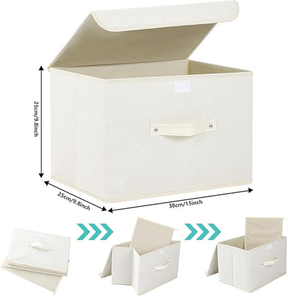 Fabric Storage Bins Cube Organizers with Flip-Top Lid and Handles,Storage Boxes for Organizing Home,Office,and Closet,Beige,3 Pack 15 x 9.8 x 9.8 in