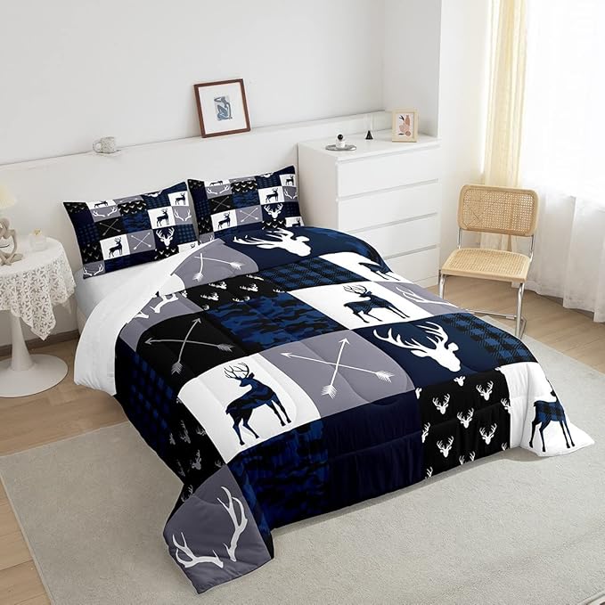 Manfei Camo Deer Antlers Comforter Set Full,Geometric Plaid Patchwork Bedding 3pcs for Kids Teens Girls Boys Room Xmas Quilt Set,Blue Grey Duvet Insert with 2 Pillowcases (WWS10843GYY-BZ_USf)
